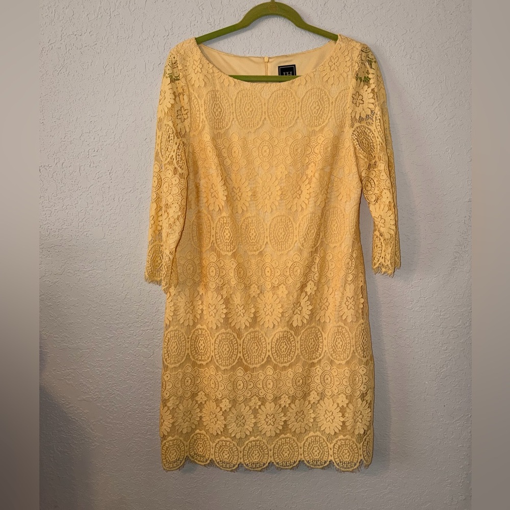 JH Butter Yellow Lace Sheath Mini Easter Spring  Dress Size 16 3/4 Sleeve-F